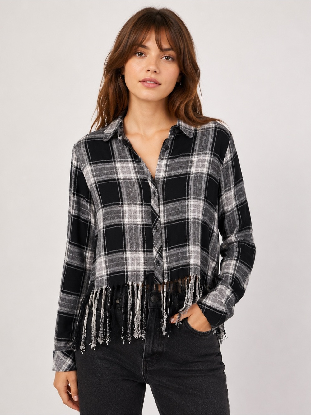 Rails Leo Black Gray Plaid Fringe Hem Shirt – Size XS
